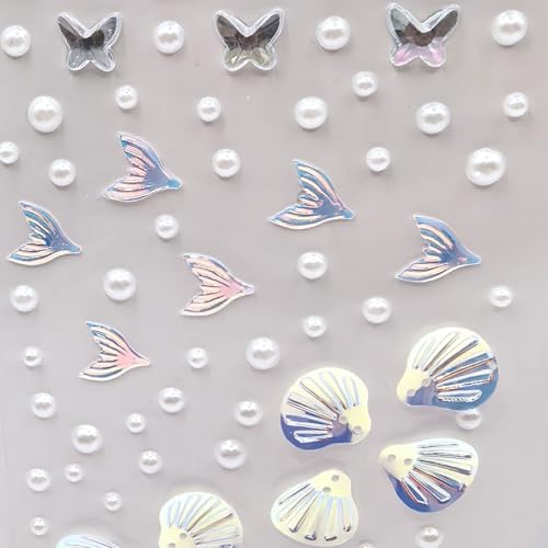 140 pcs Mermaid Face Gems & Seashell Rhinestones -Waterproof Self-Adhesive Face Jewels for Festival, Rave, Cosplay, Body Art (Pearl & Glitter) - Beach Party, Birthday, Carnival Makeup Accessories