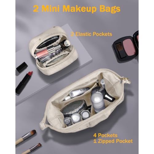 Wedama Makeup Bag, Double-layer Cosmetic Bag with Jewelry Storage and Brush Holders 3 Pcs Velvet Makeup Bag Set Travel Makeup Organizer Bags Portable Cosmetic Case Toiletry Bag for Women Girls, Beige