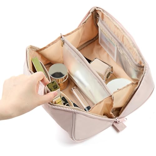 NISHEL Travel Makeup Bag for Women, Fluffy & Lightweight Open Flat Cosmetic Organizer with Multiple Functional Divider for Brush Independent Storage, Handle for Easy Portability, Pink