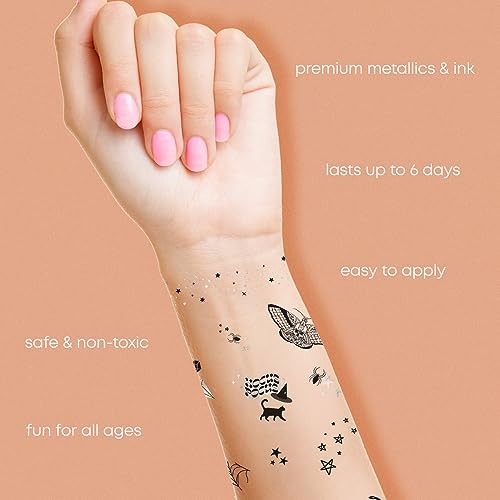 Flash Tattoos Halloween Witch Please temporary tattoos | 44 Spooky Tattoos | Metallic tattoo | Halloween Party Supplies | Halloween party, Spider, Spiderweb, snake, black cat, stars