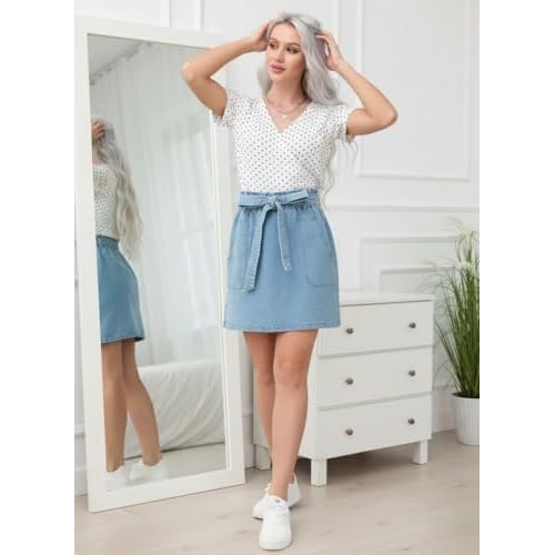 KANCY KOLE Women's Casual High Waist A Line Skirt Denim Skirt Elastic Waist Jean Short Skirt with Pockets