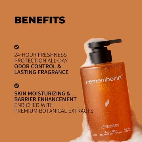 Persimmon Body Wash for Odor Control ? Korean Persimmon Extract, Natural Deodorizing Cleanser, Sulfate-Free & Gentle, pH Balanced for Sensitive Skin, 24-Hour Freshness (17.63 oz / 500g)