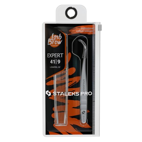 STALEKS PRO Expert 41 Type 9 Professional Eyelash Tweezers (L-Shaped 35¡Æ) ? Stainless Steel for Mega-Volume 2D-8D Lash Extensions & Long Working Edges