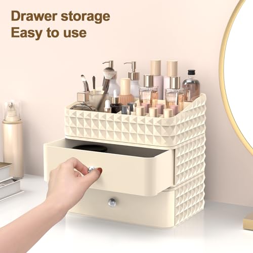 Makeup Organizer for Vanity, Stackable Cosmetics Organizer and Storage, Cosmetic Display Cases with 2 Drawers and 1 Tray for Makeup Brush, Hair Accessories, Lipstick and Jewelry, Beige