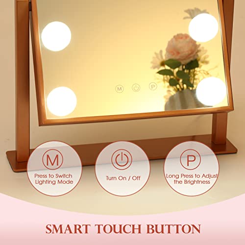 Makeup Mirror with Lights, Hollywood Mirror Lighted Vanity Mirror with 9 LED Bulbs, Touch Control Design 3 Colors Dimmable Bulbs Detachable 10X Magnification 360¡ÆRotation(Rose Pink)