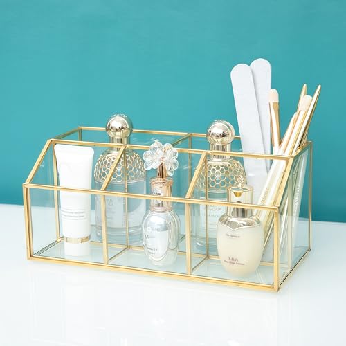JIARI Gold 5-Compartment Desktop Organizer, Transparent Glass Makeup Brush Holder, 9.05x4.33x3.93 Inches Storage for Home Office and School Items (Gold-5 Slot)