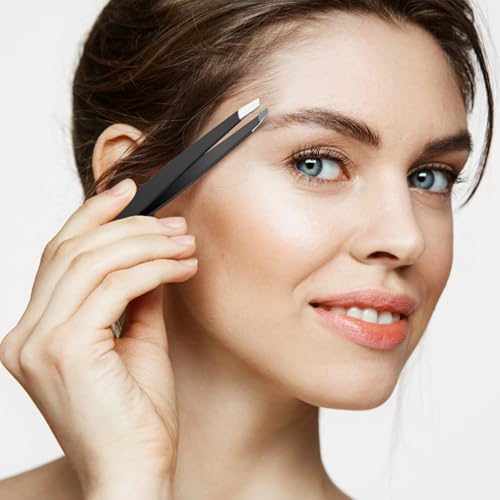 24 Pieces Eyebrow Tweezers for Women, Stainless Steel Slanted Tip Tweezers Precision Tweezers Set for Facial Hair Ingrown Hair Splinter Removal and Lash Extension (Black)