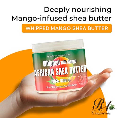 RA COSMETICS Whipped Shea Butter with Mango Extract ? 100% Unrefined Shea Body Butter from Ghana ? Moisturizes Skin, Nourishes & Conditions Hair, Scalp ? Softens and Smooths Lips, Hands & Feet ? 12oz