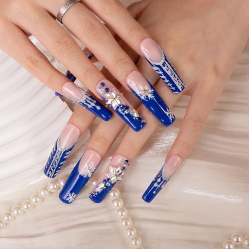 LOVFUL Press on Nails Snow Waltz Blue French Tip| Handmade with Full Covered Crystals | Reusable Fake Nails | Square Mid Length 1.7 in | H140-S