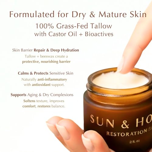 Beef Tallow for Face ? Tallow Face Moisturizer with Castor Oil, Luxury 100% Grass-Fed Tallow Balm for Dry & Mature Skin | Cosmetic Grade | Sun & Honey