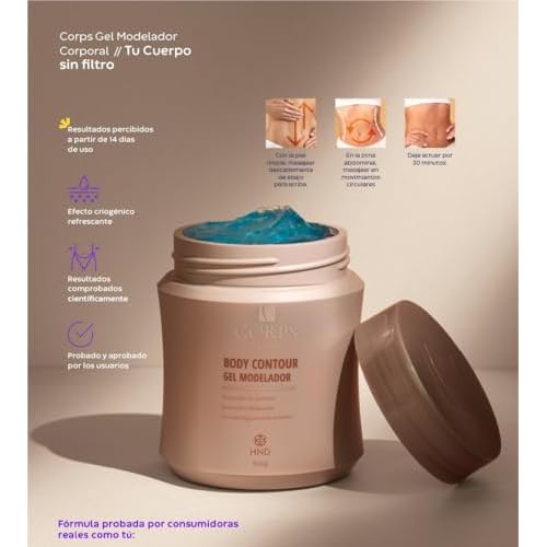 Excelente reductor y anticelulitis Body Contour Gel Moldeador CORPS, para piernas abdomen brazos gluteos y espalda. Formula tonificante e hidratante que adelgaza reafirma quema grasa. Gel crioactivo.