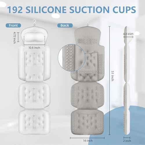 Full Body Bath Pillow, Luxury Bath Cushion with 192 Suction Cups, Bath Pillows for Tub for Head and Neck Support, with Laundry Bag White, 51" x 16"