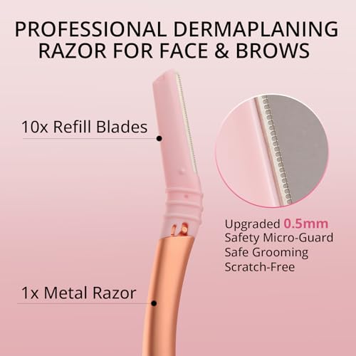 Dermaplane Razor for Women Face, Eyebrow Razor with Reusable Handle and 10 Refill Blades, Professional Dermaplaning Tool Face Razors for Exfoliation, Peach Fuzz Removal, Eyebrow Shaping