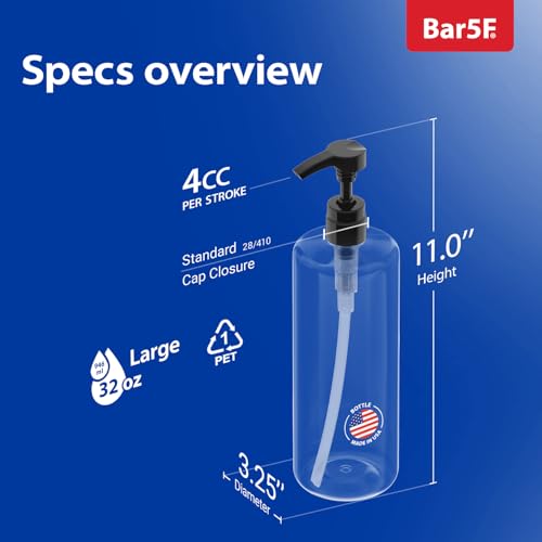Bar5F Empty Shampoo Bottles with Pumps (32oz/1Liter/Large) BPA-Free PETE1 Plastic Bottle Crystal-Clear (Pack of 4)