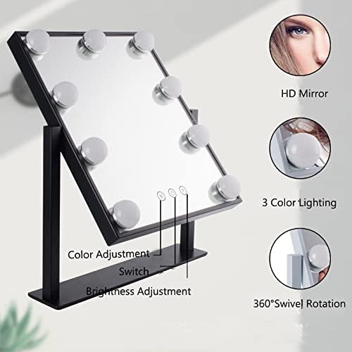 IMEASY Vanity Mirror with Lights£¬Hollywood Lighted Makeup Mirror with 3 Color Modes and 9 Dimmable Diamond LED Light Bulbs Detachable 10X Magnification 360¡Æ Rotation Touch Control (Black)