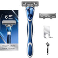 6-Blade Manual Razor for Men with Lubricating Strip, 1 Ergonomic Non-Slip Handle Includes 2pack Razor Blade Refill Cartridges, with Hanging Hook & Cleaning Brush, Full Washable Design