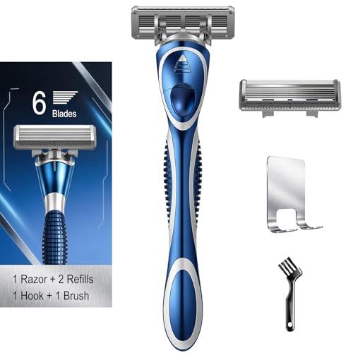 6-Blade Manual Razor for Men with Lubricating Strip, 1 Ergonomic Non-Slip Handle Includes 2pack Razor Blade Refill Cartridges, with Hanging Hook & Cleaning Brush, Full Washable Design