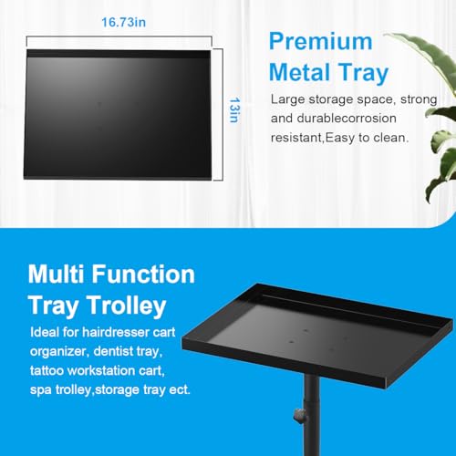 Salon Tray Cart Premium Metal Tattoo Tray Rolling Trolley Adjustable Height Storage Utility Cart for Clinic Spa Rolling Tray