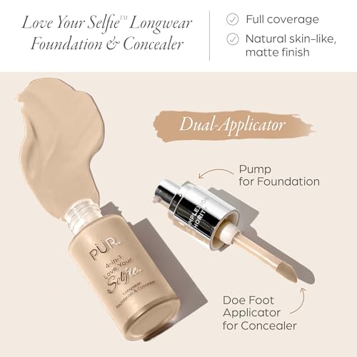 P?R MINERALS 4-in-1 Love Your Selfie Longwear Foundation & Concealer Full Coverage Liquid Foundation, Hydrating Formula, Cruelty Free