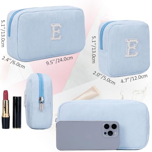 Meisohua 2 Pieces Personalized Initial Makeup Bag Set for Girls Women Cosmetic Pouch Corduroy Travel Toiletry Bag Organizer Storage Purse Pouch - Blue M