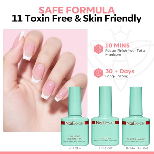 Modelones Gel Nail Kit, Top Coat, Nail Builder Gel and Nail Glue for Nail Tips, Press On Nails Kit with LED Light, 150 PCS Long Pink Square, 15 Sizes French Tip Press on Nails