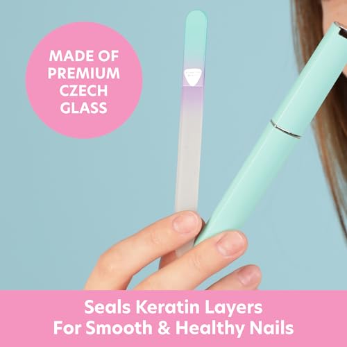 BONA FIDE BEAUTY Czech Glass Nail File with Case and Ergonomic Glass Nail Files for Natural Nails in Pastel Green and Violet Bundle