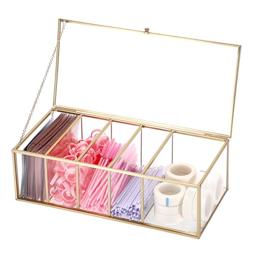 ELLDOO Lash Extension Organizer Box with Lid, Gold Glass Eyelash Supplies Organizer Storage Box, 5 Compartments Bathroom Supplies Storage Container for Cotton Swabs, Balls, Pads, Floss Picks