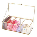 ELLDOO Lash Extension Organizer Box with Lid, Gold Glass Eyelash Supplies Organizer Storage Box, 5 Compartments Bathroom Supplies Storage Container for Cotton Swabs, Balls, Pads, Floss Picks