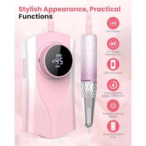Nail Filer Electric Nail Drill Professional, Kisufu 45000 RPM Rechargeable Efile Nail Drill Kit with Smart Led, 1800mAh, Portable Nail Grinder for Salon Home Use, Women's Day Gifts (Pink).