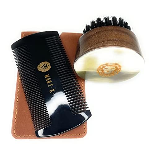 Premium Oxhorn Dual Action Beard Comb and Travel Beard Brush Bundle by Man & Mane