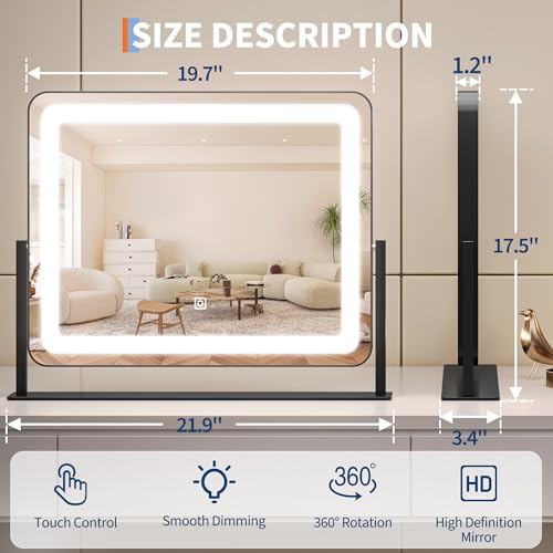 19.6 in x15.7 in Vanity Mirror with Lights, Large Lighted Mirror, LED Makeup Mirror with 3-Color Dimmable Modes and Smart Touch Control, Perfect for Desk or Bedroom, Vanity Desk Tabletop Makeup, White