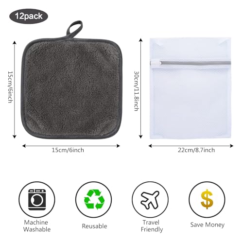 SINLAND Makeup Remover Cloth Reusable Makeup Remover Towels 6" x 6" Microfiber Face Cloth for Washing Face Makeup Remover Pads Soft Face Washcloth with Mesh Bag 12 Pack Just Water