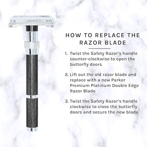 Parker, 96R Graphite Gray Long Handle Butterfly Open Double Edge Safety Razor for Men, 5 Parker Premium Platinum Double Edge Razor Blades Included