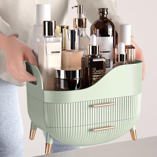Makeup Organizer with Drawers, Green Skincare Organizer for Vanity, Storage Box with Handle, Large Cosmetic Display Case for Dresser, Bathroom Countertop
