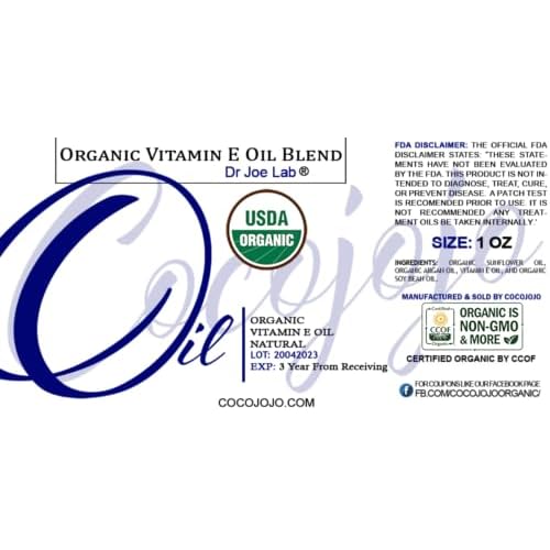 Dr Joe Lab Organic Vitamin E Oil for Skin, Liquid Vitamin E Oil for Hair, Face, Body Oil, Pure Natural Cold Pressed Unrefined, Moisturizes & Nourishes, Non GMO - 1 Oz