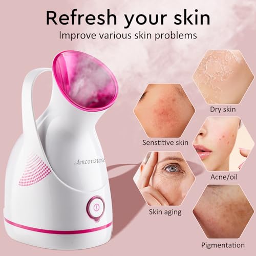 Amconsure Facial Steamer - Nano Ionic Face Steamer Warm Mist Steamer for Home Sauna SPA, Humidifier for Face Steamer for Deep Cleaning Unclogs Pores Sinuses - Bonus 5 Piece Stainless Steel Skin Kit