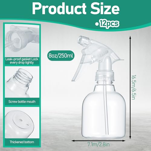 12 Pcs 8 oz Empty Plastic Spray Bottle with Trigger Sprayers Pet Adjustable Head from Fine to Stream Refillable for Hair, Plants, Cooking, Pets, Bath, Beauty, Cleaning, No Leakage (Clear)