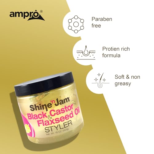 AmPro Shine-n-Jam Castor Oil and Flaxseed Gel - Nourishes Tresses and Adds Shine - Infused With Vitamin E to Condition All Hair Textures - Strengthens with Keratin Protein and Omega 3-16 oz