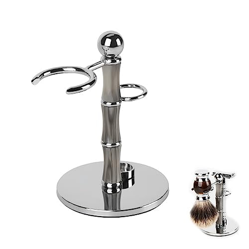 Linkidea Stainless Steel Razor Stand and Brush Holder with Non-Slip Base, Creative Bamboo Style Safety Shaver Organizer Compatible with Vikings Blade Chieftain, Odin (Grey)