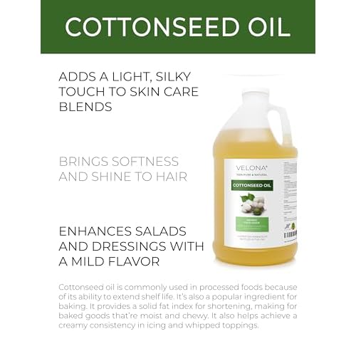 Cotton Seed Oil by Velona - 1 Gallon / 128 Fl Oz | 100% Pure and Natural Carrier Oil | Refined, Cold pressed | Cooking, Skin, Face, Body, Hair Care | Use Today - Enjoy Results