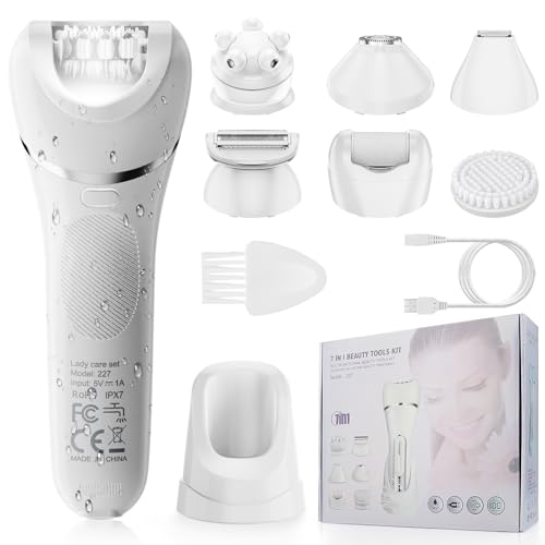 Epilator for Women, 7 in 1 Epilator Hair Removal for Women, Shaver, Bikini, Face Razor, Facial Brush, Face Massage and Body Exfoliator, Waterproof Painless Lady Shaver (White 227)