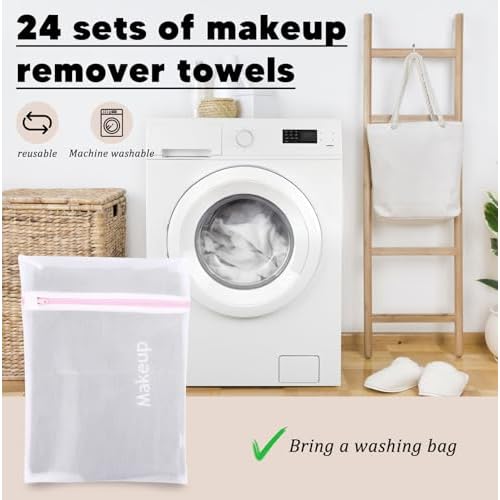 24 Pack Makeup Remover Towels Cotton Cosmetic 13x13 Inch Facial Cleansing Makeup Towels Soft Washcloths with Mesh Bag for All Skin Types Care Black
