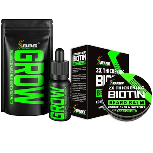 GROW Beard Growth Serum + 2X Biotin Beard Balm ? Thickening Conditioner with Castor Oil & Meadowfoam ? Fills Patches, Boosts Growth, Softens & Styles ? For Thicker, Fuller Men's Facial Hair
