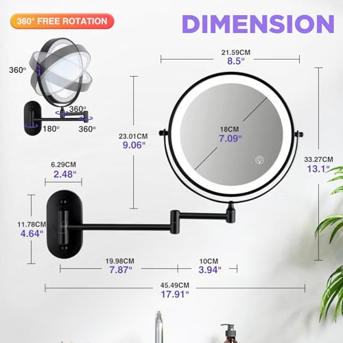 Wall Mounted Makeup Mirror: 1x/20X Magnifying Mirror with Light, 8.5" Double Sided Lighted Makeup Mirror with Magnification, Vanity Mirror for Bathroom, Brush Black