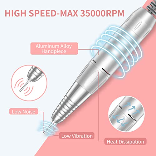 Portable Nail Drill Professional 35000 RPM, MOCOWIND Rechargeable Electric Nail File Machine E File for Acrylic Gel Polishing Removing, Cordless E-File with Bits Kit for Manicure Salon Home, White