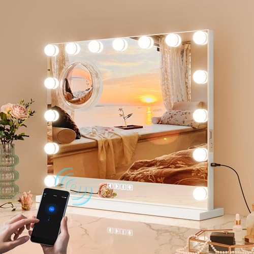 Vanity Mirror with Lights and Bluetooth, Makeup Mirror with 15 Dimmable LED Bulbs/USB Charging/Smart Touch/3 Colors Dimmable/10X Magnification/360¡Æ Rotation, Desktop&Wall Mount, Bedroom&Dressing Room