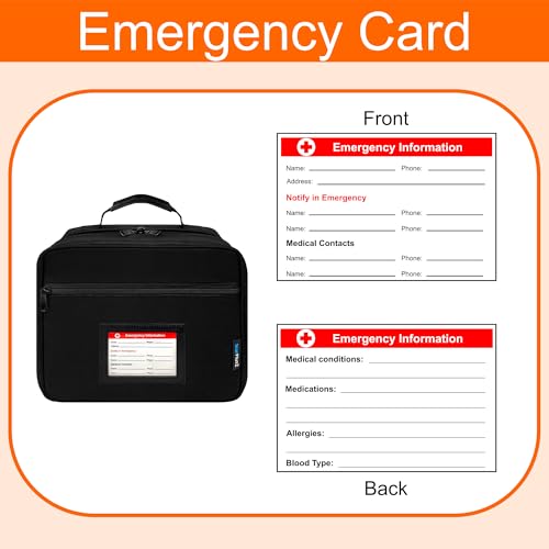 Large Pill Bottle Organizer With Emergency Card - 10 Pockets Medicine Bag for Travel & Home Storage - Black