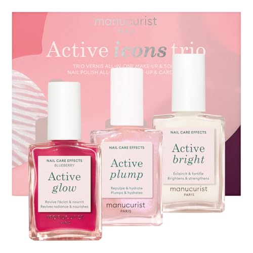 Manucurist Active Icons Trio Set - Active Glow Blueberry, Active Shine, Active Plump Nail Polishes - Nail Strengthener - Brightening Treatment Polish & Care - Gift Box