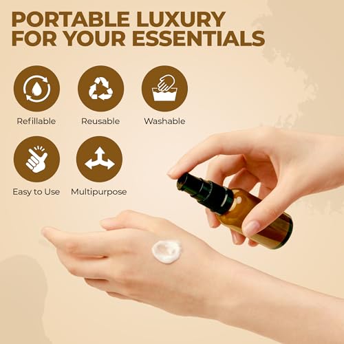 8 Pack Empty Refillable Glass Amber Pump Bottle Ideal for Lotion Cream Essential Oil Travel Small Container, 30ml