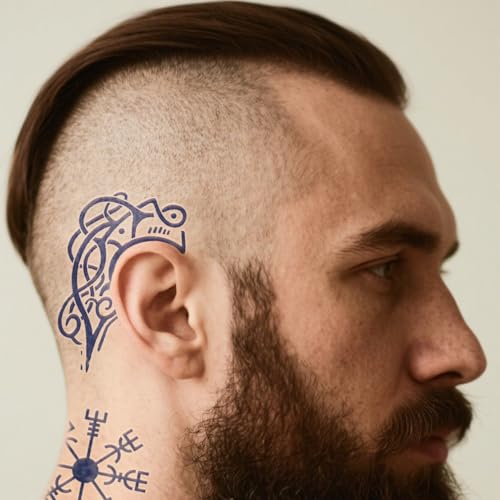 10 Sheets Viking Temporary Tattoos for Men and Women, Waterproof & Long-Lasting Temp Celtic Fake Tattoo Stickers for Adults, Tattoo Axe Bullhorn Dark Blue for Parties Festivals Styling Accessories